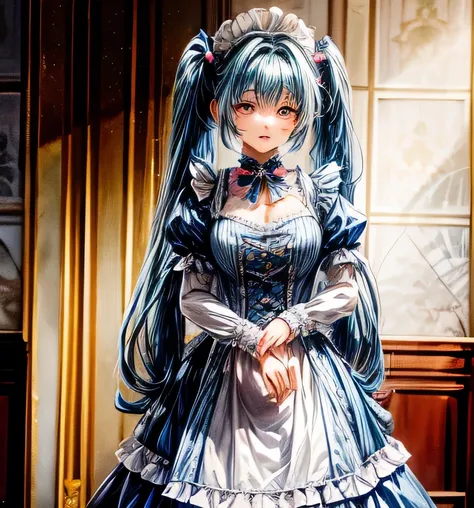 nikke Prepati　Blue hair long twin tails　Maid clothes　Palace of Versailles　tea time