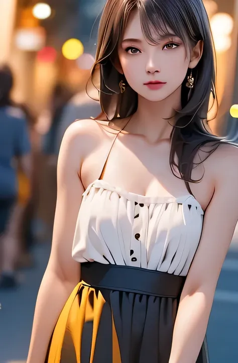 (((best quality))),1 female,slender face,(((arms behind))),(((cool beauty))),Black Hair,Brown Eyes,medium hair,straight hair,small breasts,looking at viewer,2,No pubic hair,Height: 160cm,(full body),blouse,Standing in a busy street at night,mini skirt,Prov...