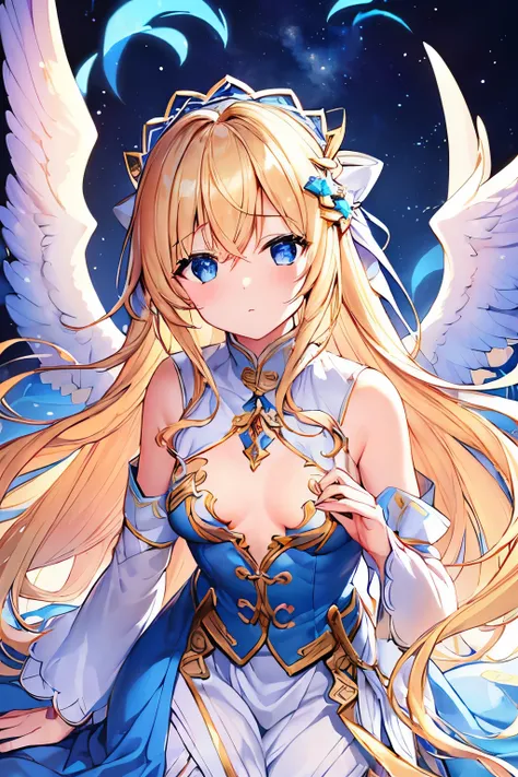 (4K、High resolution image quality、Detailed light、Detailed Shadows、Detailed Design)、1 girl、whole body、Blonde、Long Hair、Straight Hair、Fantasy、Blue and white outfit、((Modest chest、Small breasts))、Angel、((Valkyrie))、Decoration on the head、Angelの大きな羽、god々Shii、F...