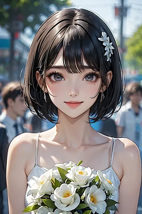 white、ocean、droopy eyes、brown eyeballs on face、smile、1 female、woman in a dress、bob hair、detailed face、clear face、((best image qu...