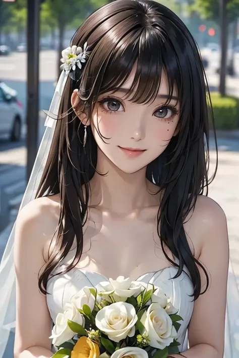 white、Ocean、Droopy eyes、Brown eyeballs on face、smile、1 female、Woman in a dress、Woman with long hair、Detailed face、Clear Face、((Best image quality))、Mole、bouquet、bride