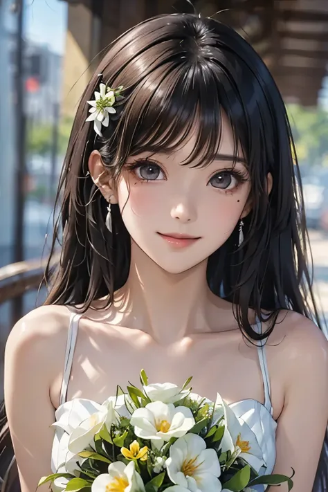 white、Ocean、Droopy eyes、Brown eyeballs on face、smile、1 female、Woman in a dress、Woman with long hair、Detailed face、Clear Face、((Best image quality))、Mole、bouquet、bride