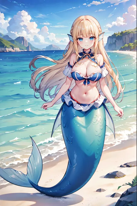 masterpiece, best quality,princessmia20,a girl,head fin,large breasts,blue eyes,blonde,独奏,mermaid,蓝色的mermaid尾巴,full-body shot,be...