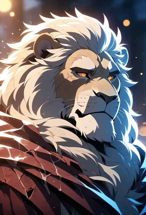 A commander, male,40 years old,Grandpa, solitary, ((Round Face, The face is plump,Orange eyes, scars)), ((Endomorph, Handsome,Hot Blood)), (broken armour,red cape, No electricity,exhaustion), ((domestic lion, white lion, commander lion) Fluffy fur, Fluffy)...