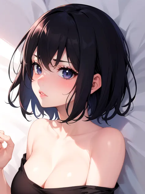 Amazing portrait of a sexy cute girl with short bob hairstyle and seductive gaze。Lips slightly parted, blushing intensely、Lying on the bed, wearing an off-the-shoulder black T-shirt that exposed her shoulders, she was desperately agitated.、I&#39;m lustful。