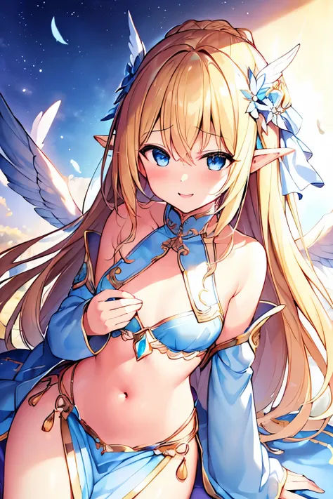 (4K、High resolution image quality、Detailed light、Detailed Shadows、Detailed Design)、1 girl、Blonde、Long Hair、Straight Hair、Fantasy、Blue and white outfit、((Modest chest、Small breasts))、Angel、((Valkyrie))、the navel is slightly visible、Decoration on the head、An...