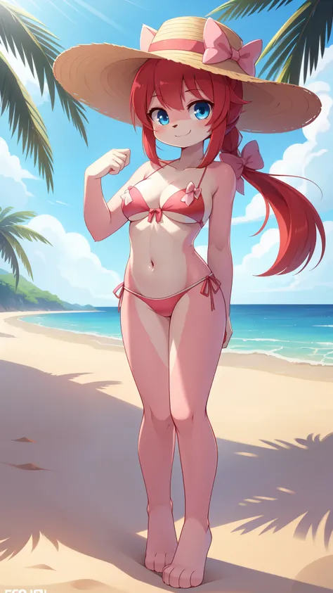 score_9,score_8_up,score_7_up, source_cartoon, source_furry, furry girl, cat, 2, red hair, Knight bangs hairstyle, long ponytail, anime style, natural big breasts, blue eyes, ((bright pink bikini bandeau with bow in the center, side bows at the bottom, wid...