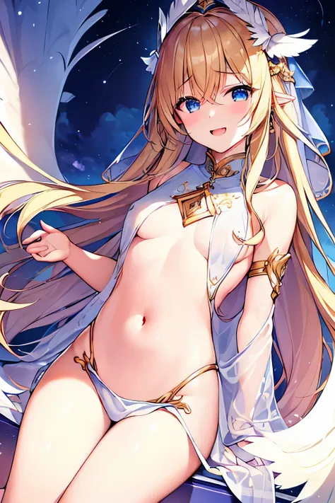 (4K、High resolution image quality、Detailed light、Detailed Shadows、Detailed Design)、1 girl、Blonde、Long Hair、Straight Hair、Fantasy、Blue and white outfit、((Modest chest、Small breasts))、Angel、((Valkyrie))、the navel is slightly visible、Decoration on the head、An...