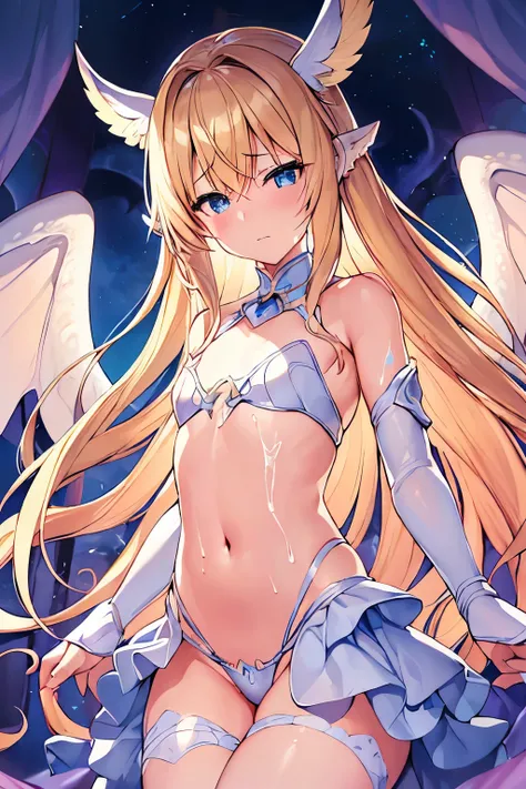 (4K、High resolution image quality、Detailed light、Detailed Shadows、Detailed Design)、1 girl、Blonde、Long Hair、Straight Hair、Fantasy、Blue and white outfit、((Modest chest、Small breasts))、Angel、((Valkyrie))、the navel is slightly visible、Decoration on the head、An...