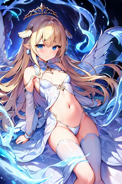 (4K、High resolution image quality、Detailed light、Detailed Shadows、Detailed Design)、1 girl、Blonde、Long Hair、Straight Hair、Fantasy、Blue and white outfit、((Modest chest、Small breasts))、Angel、((Valkyrie))、the navel is slightly visible、Decoration on the head、An...