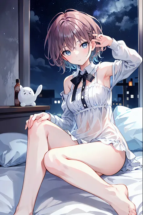 Brown Hair，Shortcuts，Messy Hair，Slender beauty，A dignified posture，Beautiful feet、Her captivating grey-blue eyes shine like stars、（Cute older sister:1.3）、((Very detailed))、night、Bedroom、On the bed、close your eyes、Going to bed、輝くnight空、((1 person))、