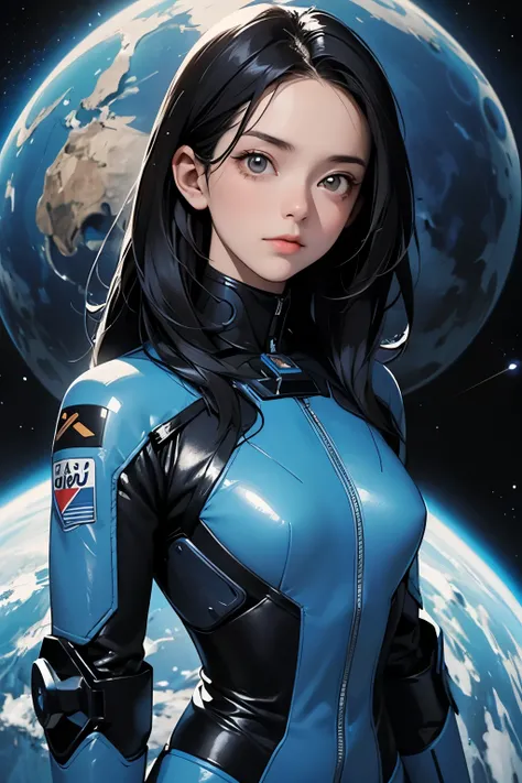 A beautiful woman. Eighteen years old. Black hair. She is looking at the camera with a defiant expression. She is wearing a blue-black robot pilot suit. Images of outer space and parallel worlds behind her.