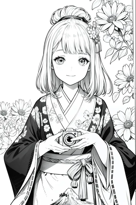 Masterpiece, top class, unique, cute, flowers, line drawing background, white background, monochrome, line drawing, ((sketch)), creepy, white eyes, create a monochrome coloring book that even adults can easily do, a realistic and cute ukiyo-e of a smiling ...