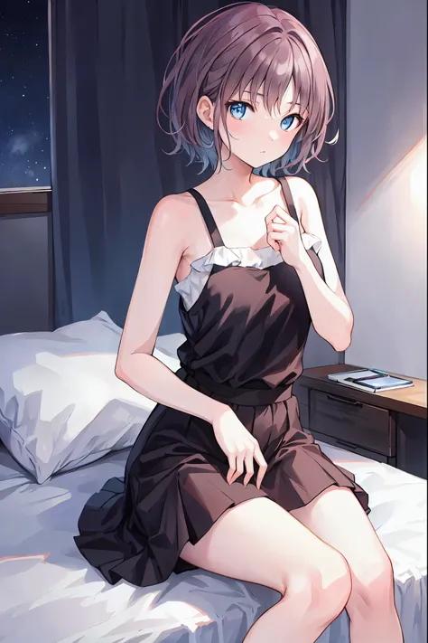 Brown Hair，Shortcuts，Messy Hair，Slender beauty，A dignified posture，Beautiful feet、Her captivating grey-blue eyes shine like stars、（Cute older sister:1.3）、((Very detailed))、Black camisole、night、Bedroom、On the bed、close your eyes、Going to bed、輝くnight空、((1 pe...