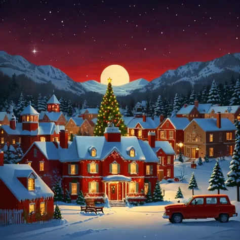 Snowy nights，A red truck and a Christmas tree, Christmas Eve, snowy winter Christmas Eve, Detailed digital artwork, author：Rob Alexander, Night village background, Stylized digital illustration, The art of detail, Surrealism, Very detailed scene, Under the...