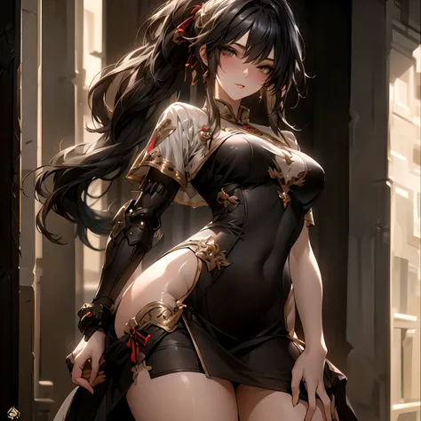 (best quality)), ((Masterpiece)), (details:1.4), 3d, HDR (high dynamic range), an image of a beautiful cyberpunk female, fantasy, medieval, Cyberpunk, Sleek style, black hair, High ponytail, hips up, Beautiful White eyes, จมูกโด่ง, ปากแดง, หน้าอกใหญ่, nvid...