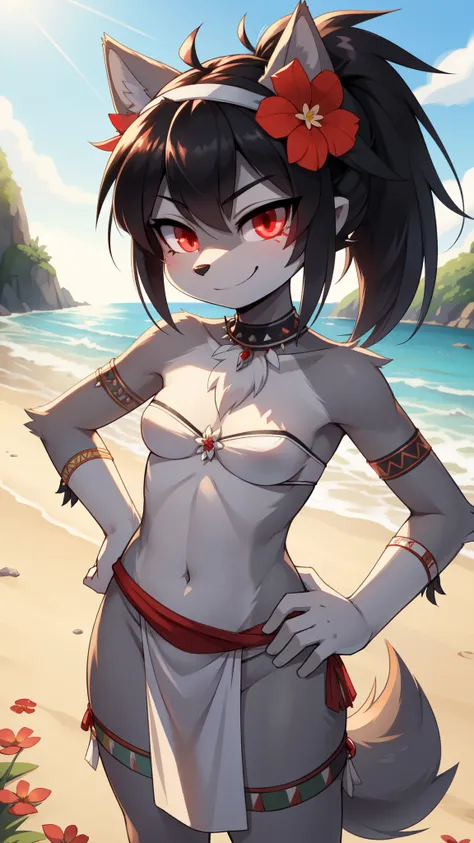 score_9,score_8_up,score_7_up, source_cartoon, source_furry, furry girl, wolf, black hair, punk hairstyle, huge long spiky ponytail, anime style, ((small breasts, flat chest)), red eyes, ((white strapless bra, white loincloth, tribal, jewels, flower on hai...