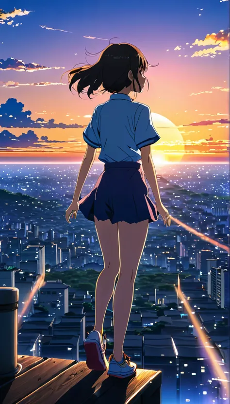 For anime scenery images、It depicts a girl jumping into the void., At sunset, View from afar, Beautiful and colorful anime scene, View from afar, Beautiful anime peace scenes, Makoto Shinkai Cyril Rolland, Beautiful scene from anime, Awesome Wallpapers, An...