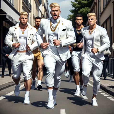 full view, full body, a rich white man with blonde undercut haircut, wearing a large white fur coat, dapper white suit, white da...