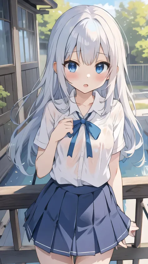cute girl, anime, silver hair, straight hair, Blue eyes, cowboy shot, (orgasm:1.1), (young:1.4), small bust, (cute:1.1), blue hair ribbon, (ローアングル:1.3), open leg, spread leg, standing, white school uniform, (dark blue skirt:1.1), (sheer bra:0.9), (sheer pa...