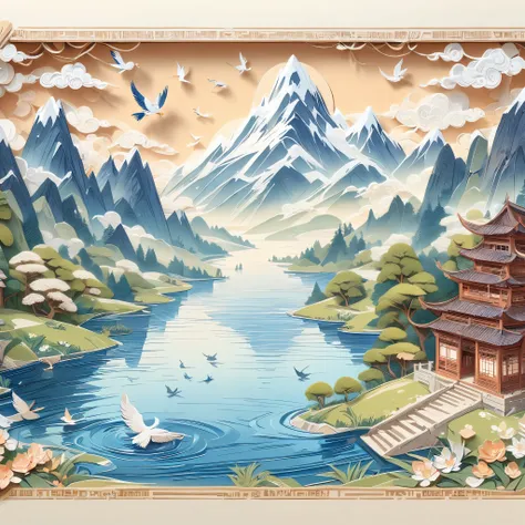 (masterpiece, best quality:1.2), embossed paper, solitary，paintings of mountain lakes，a castle in the background，the foreground ...