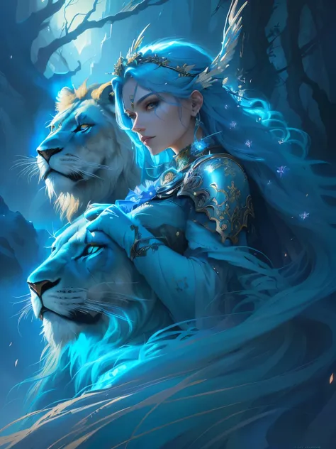 There was a blue-haired woman and a lion, Beautiful fantasy art, very Beautiful fantasy art, Beautiful digital artwork, Beautiful Leo goddess, Epic fantasy digital art style, Alice x. open, Beautiful fantasy art portrait, Stunning digital illustrations, Be...