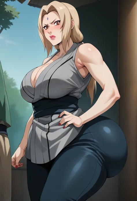 score_9, score_8_up, score_7_up, BREAK, score_9, Lady Tsunade, Tsunade Senju, granny Tsunade, ChopioTsunade, blonde hair, long hair, big lips, plump lips, low twintails, hair tie, brown eyes, forehead mark, pink lipstick, mature female, milf, K-cup size br...