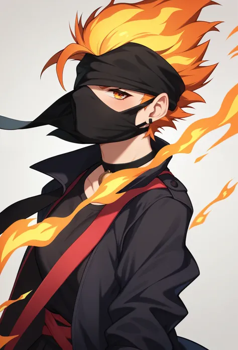 A character with an imposing and energetic appearance, wrapped in intense flames of vibrant colors ranging from orange to purple, creating a feeling of overwhelming power. His hair is white and messy, contrasting with a black mask covering his eyes, giving...