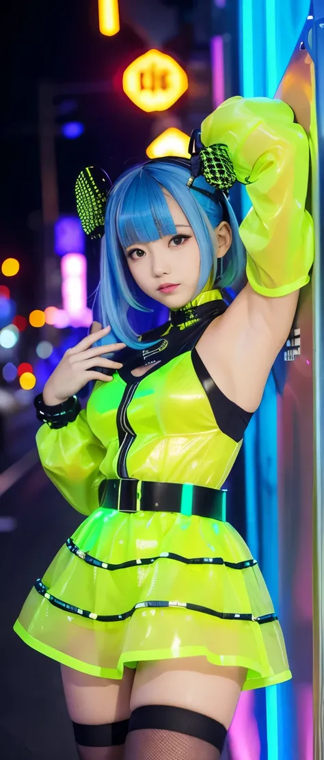 Cool Cyber Idol Girl、whole body、Good style、、、、、、、、、、Thick legs、、Bee-covered Cyber Dress（Fluorescent yellow and blue）、Cool girl face、、、、Glowing Cyber Beehive、Cybertown at night、Honeycomb Belt