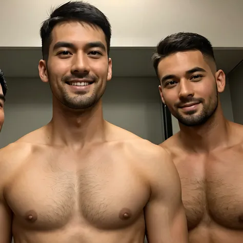 30 years old,Three Men,Tall handsome man、naked、Sports club changing room、 ,Black Hair、Very short hair、undercut、Asian Face　smile、Piece it up、Seen from below　chest hair、Upper body close-up