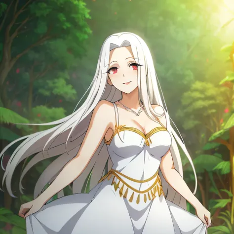 Irisviel,Greek silky dress sleeveless,solo,looking at viewer,beautiful smile,arm at side,middle size of breast,beautiful necklace,tall breasts,flowers in air,in beautiful jungle,irisviel,mikasa black hair wearing knight suit,kiss irisviel hand