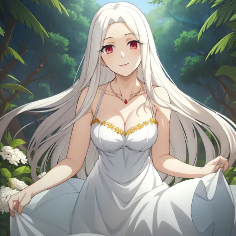 Irisviel,Greek silky dress sleeveless,solo,looking at viewer,beautiful smile,arm at side,middle size of breast,beautiful necklace,tall breasts,flowers in air,in beautiful jungle,irisviel,mikasa black hair wearing knight suit,kiss irisviel hand