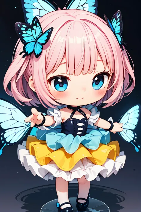 Photorealistic、Chibi Girl Doll（Embarrassed blushing smile、Morpho butterfly-inspired clothing that glows softly in the dark、Cute Shoes、Cute Hairpins、rotate、Dance with grace）