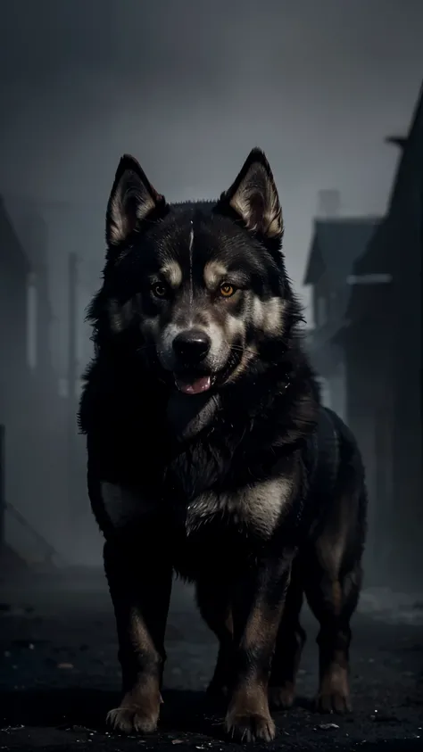 Create a realistic and terrifying image of a single dog, such as a Alaskan Malamute , with a fierce expression, showing its teeth and intense, glowing eyes. The dog should have a muscular build, standing in a dark, eerie setting with shadows and mist, enha...