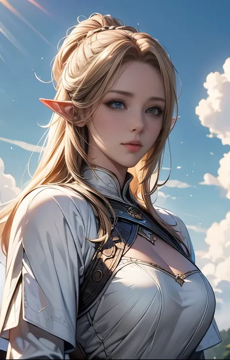 Perfect natural light、8K High Resolution、High resolution、Beautiful woman、masterpiece、Beautiful Mature Woman、Blonde Elf、RPG-style world、Knight Commander、White cloud