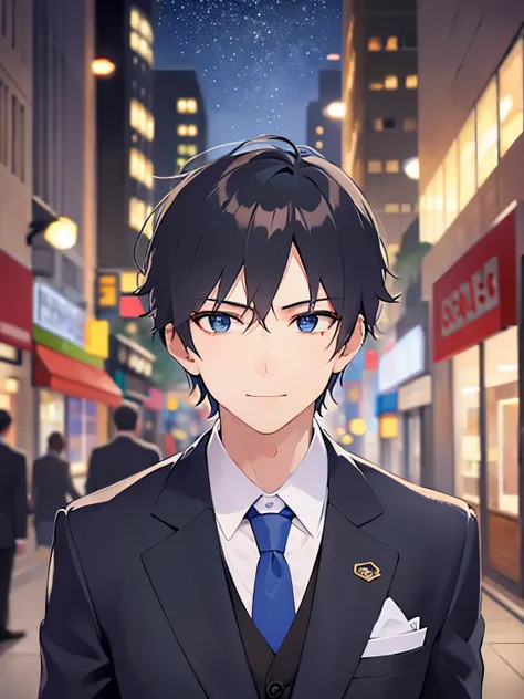 hand up, Biologically correct five fingers、upper body、shiny skin, masterpiece、Highest quality、(2 male:1.5) and (Black short hair) and (blue eyes), (Wearing a suit:1.5) and (Blue tie)、smile、The background is a shopping street at night、(Alone:1.5)
