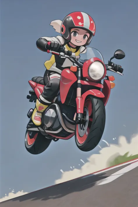 masterpiece，highest quality，， little，motorcycle，jump，(smile:0.9)，smile，speed，motion lines，helmet，