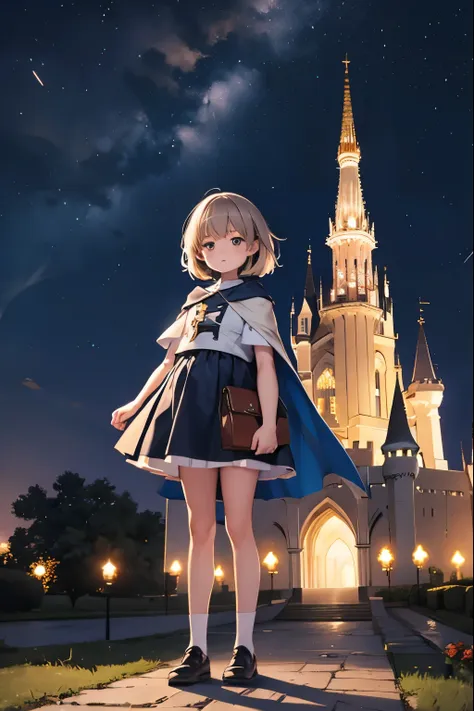 night sky, castle,  1girl, standing, solo, full body, , maribe, puffy short sleeves,  cape, bag