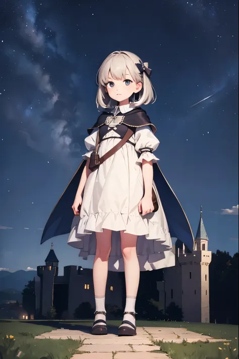 night sky, castle,  1girl, standing, solo, full body, , maribe, puffy short sleeves,  cape, bag