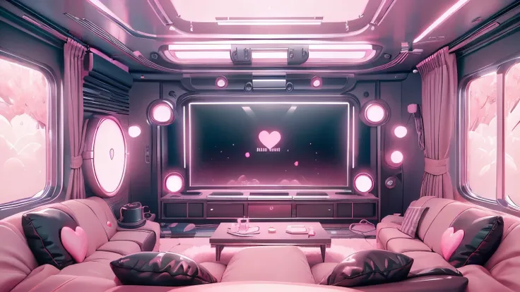 black and pink living room, kawaii streaming room, ((no human, no people)), background