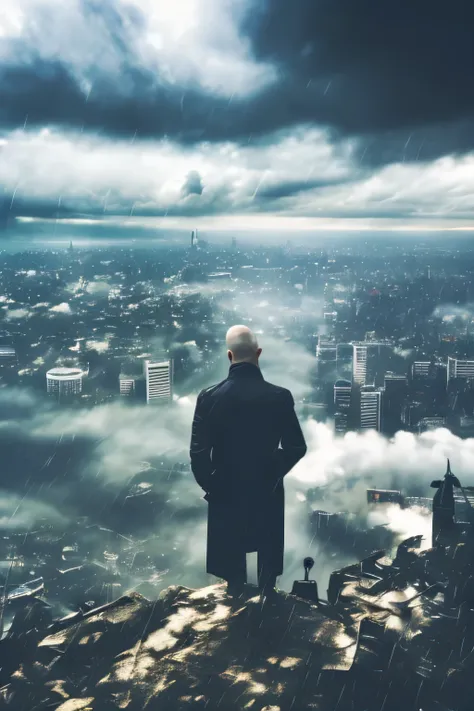 young man without hair, on top of a building,black trench coat neat, on top of a building, rainy, cloudy, look at the sky