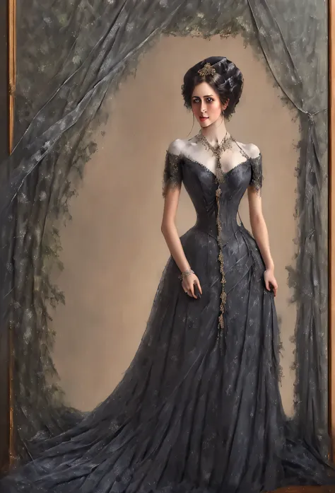 A dark and atmospheric oil painting featuring a stunning Victorian-era woman. She wears an elaborate, high-necked gown adorned with lace and intricate embroidery. Her expression is mysterious, with piercing eyes that hint at hidden secrets. The setting is ...