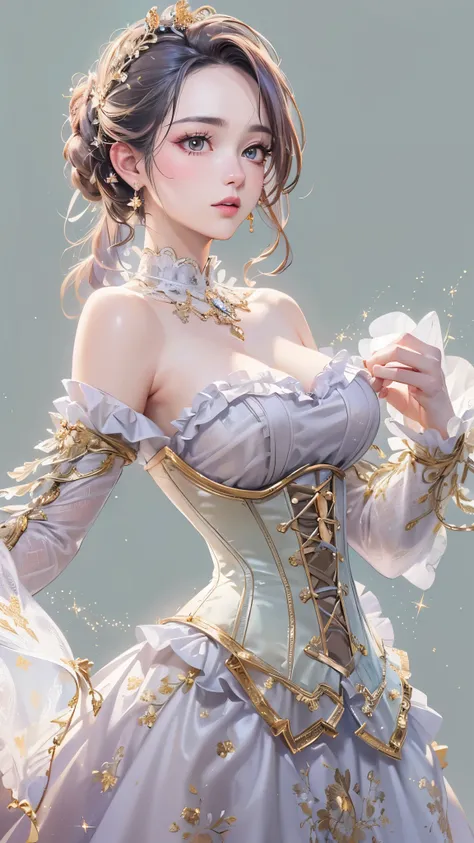 ((Highest quality)),(Ultra-high resolution),(Super detailed),(Detailed Description),((The best CG)),(masterpiece),Highly detailed art,(Art with precise detail:1.5), (Lady:1.6),(Off-the-shoulder dress:1.6, Frills:1.3,sparkle:1.1),(corset:1.4,Complex Pattern...