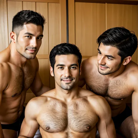 30 years old,Three Men,Tall handsome man、Black Briefs、Topless、Bedroom、squat ,Black Hair、Very short hair、undercut、Faces of Japan　smile、Seen from below　chest hair、Upper body close-up