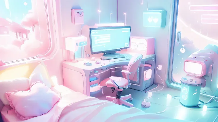 pink and white gaming room, kawaii streaming room, ((no human, no people)), background