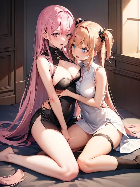 ((2girl,yuri)),(Very detailed,High resolution,best quality,masterpiece,High resolution),(Pink long hair,Two triangular corners,Sharp Eyes),(Pink short hair,Side Tail,Four-leaf hair ornament,A gentle gaze),(big breasts),(black sailor dress),church,They are ...