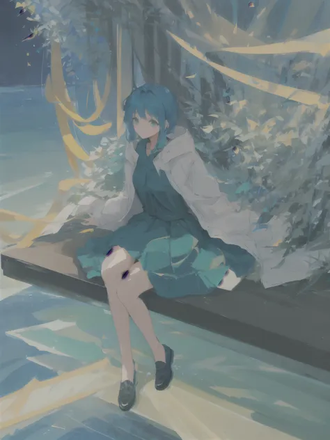 a girl , blue+green color dress sitting in a park , night star sky