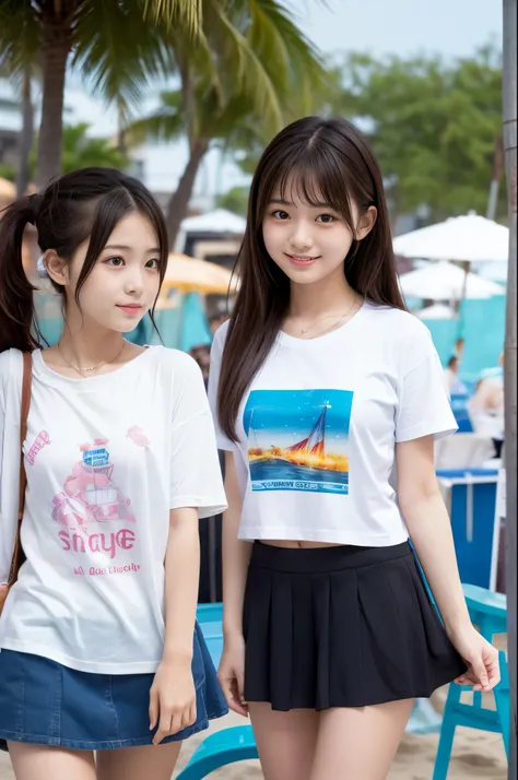 Two girls (Twenty years old, Japanese cute face) are wearing Tshirts, mini skirt at the beach bar