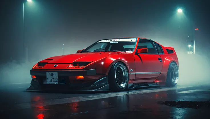 (complex parts:1.2), (realistic), (masterpiece), (photo), Cinema Lighting, Cyberpunk City, fog, Nissan Fairlady Z 300ZX sports Machine Z32 1983, Ground Machine, Machine, No people, landscape, one, Machine both focus, at night, front quarter, Liberty Walk W...