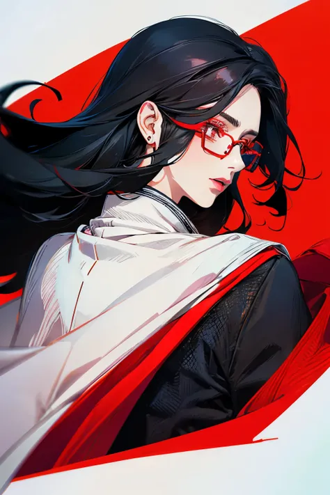 black hair、mambang hair、lipstick、glasses、red eyes、profile